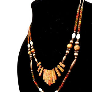 VNT Unakite Gemstone Fan Necklace Silver and Magnetic Beads Aztec Southwest Boho